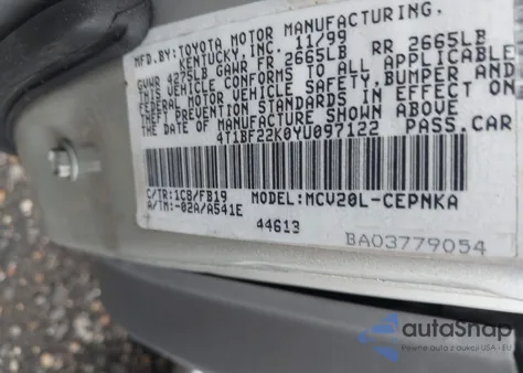 2000 Toyota Camry Le V6 from USA, damaged, VIN 4T1BF22K0YU097122